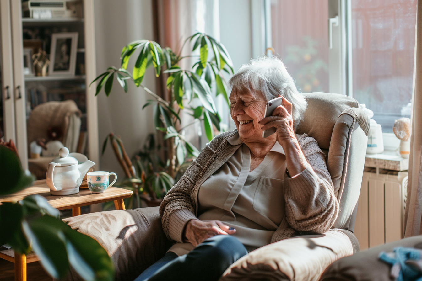 Elderly woman comfortably using her phone to write a legacy letter